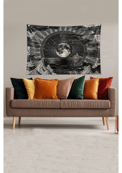 Siyah-Beyaz Ay New Moon Leke Tutmaz Kadife Kumaş Duvar Örtüsü Duvar Halısı Tapestry