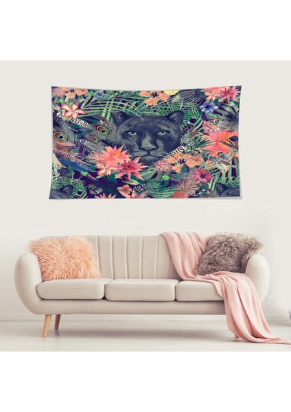 Tropikal Zeminde Siyah Kaplan Leke Tutmaz Kadife Dokulu Kumaş Duvar Örtüsü Duvar Halısı Tapestry