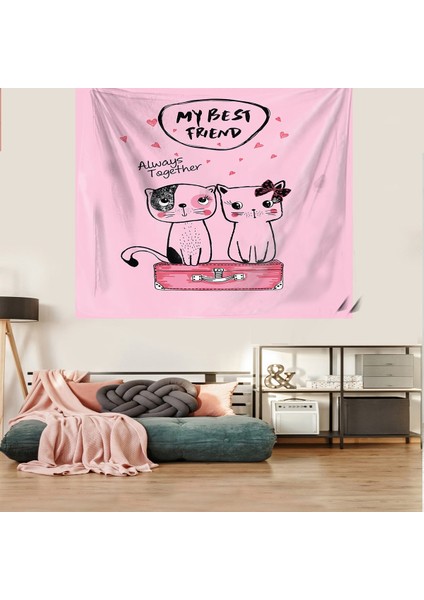 Always Together Kedi Desen Pembe Leke Tutmaz Kadife Dokulu Kumaş Duvar Örtüsü Duvar Halısı Tapestry