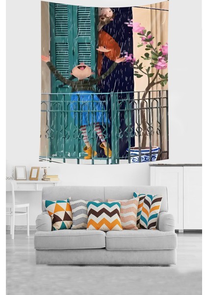 Yağmurda Sevinen çocuk Leke Tutmaz Kumaş Duvar Örtüsü Duvar Halısı Tapestry