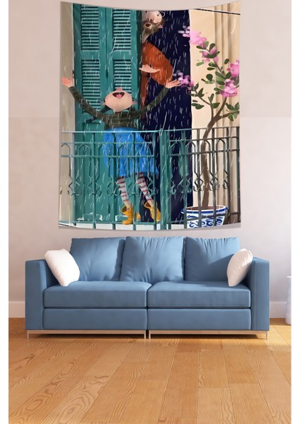 Yağmurda Sevinen çocuk Leke Tutmaz Kumaş Duvar Örtüsü Duvar Halısı Tapestry