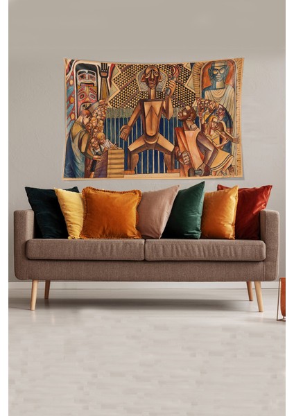 Kahverengi Ilk Insan Desenli Leke Tutmaz Kadife Kumaş Duvar Örtüsü Duvar Halısı Tapestry