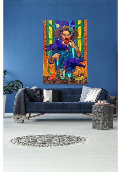 Çok Renkli Van Gogh Leke Tutmaz Kadife Kumaş Duvar Örtüsü Duvar Halısı Tapestry