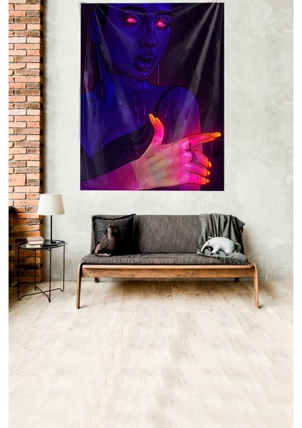 Işık Gözlü Kadın Dönüşüm Temalı Leke Tutmaz Kadife Kumaş Duvar Örtüsü Duvar Halısı Tapestry