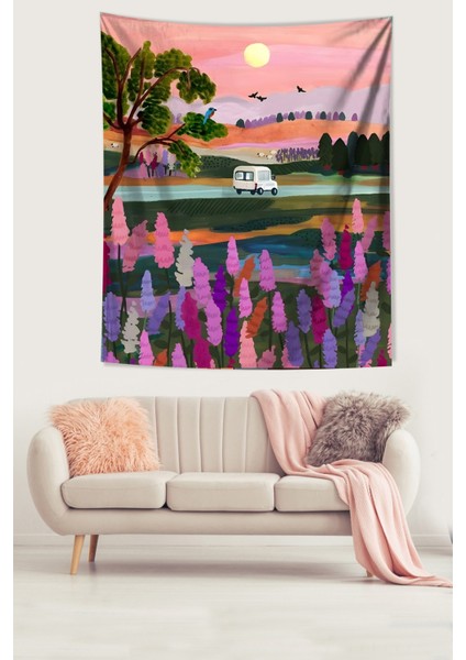 Gün Batımı Yolculuk Yoldaki Araba Leke Tutmaz Kumaş Duvar Örtüsü Duvar Halısı Tapestry