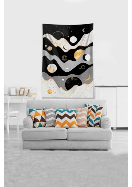 Gri-Siyah Ay ve Hilal Leke Tutmaz Kadife Kumaş Duvar Örtüsü Duvar Halısı Tapestry