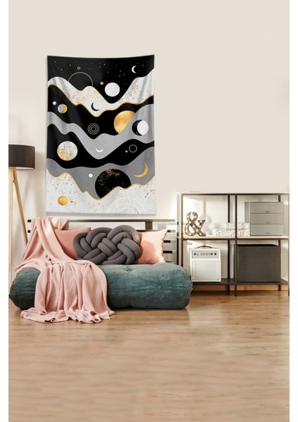 Gri-Siyah Ay ve Hilal Leke Tutmaz Kadife Kumaş Duvar Örtüsü Duvar Halısı Tapestry fiyatları