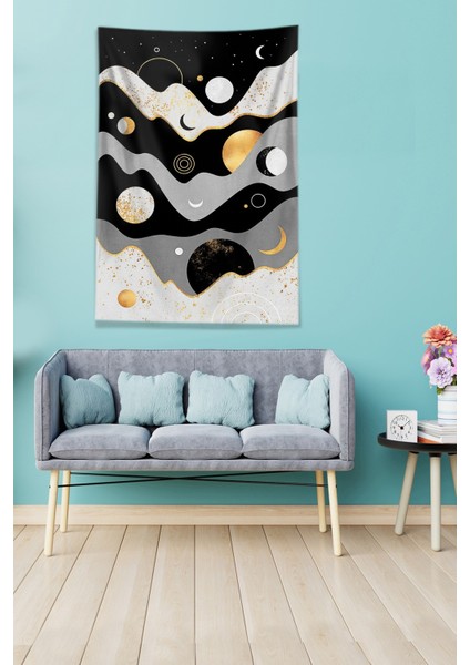 Gri-Siyah Ay ve Hilal Leke Tutmaz Kadife Kumaş Duvar Örtüsü Duvar Halısı Tapestry modelleri