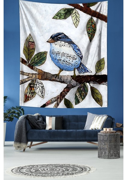 Ağaçtaki Şarkıcı Kuş Leke Tutmaz Kumaş Duvar Örtüsü Duvar Halısı Tapestry