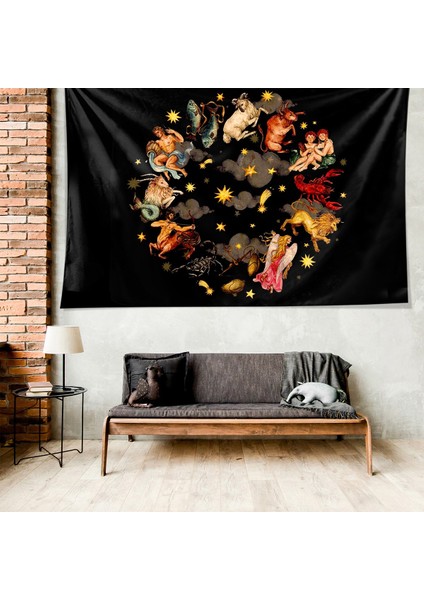 Astrolojik Semboller Desenli Leke Tutmaz Kadife Dokulu Kumaş Duvar Örtüsü Duvar Halısı Tapestry