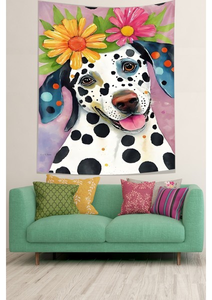 Çiçekler ve Dalmaçyalı Köpek Köpek Leke Tutmaz Kumaş Duvar Örtüsü Duvar Halısı Tapestry modelleri