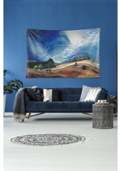 Suluboya Desenli Köy Manzara Leke Tutmaz Kadife Dokulu Kumaş Duvar Örtüsü Duvar Halısı Tapestry modelleri
