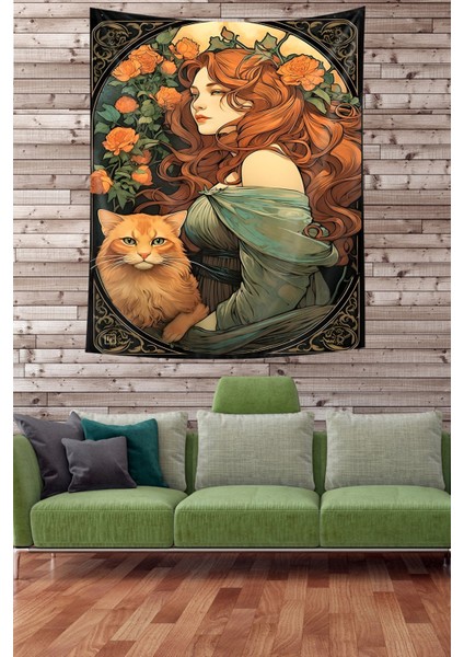 Vintage Kedi ve Kız Leke Tutmaz Mikropetek Kumaş Duvar Örtüsü Duvar Halısı Tapestry fiyatları