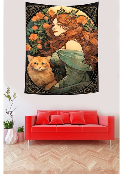 Vintage Kedi ve Kız Leke Tutmaz Mikropetek Kumaş Duvar Örtüsü Duvar Halısı Tapestry modelleri