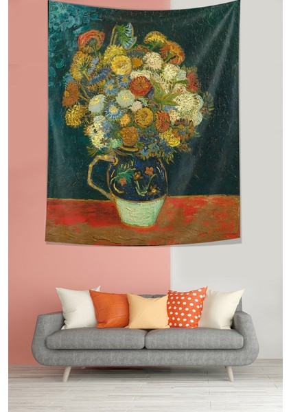 Van Gogh Vazodaki Karanfiller Leke Tutmaz Kumaş Duvar Örtüsü Duvar Halısı Tapestry