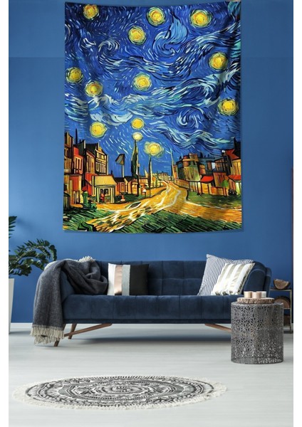 Yıldızlı Geceler Köy Evleri Van Gogh Leke Tutmaz Kumaş Duvar Örtüsü Duvar Halısı Tapestry