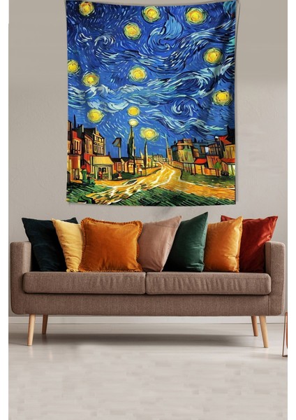 Yıldızlı Geceler Köy Evleri Van Gogh Leke Tutmaz Kumaş Duvar Örtüsü Duvar Halısı Tapestry fiyatları