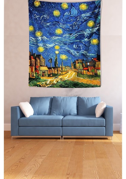 Yıldızlı Geceler Köy Evleri Van Gogh Leke Tutmaz Kumaş Duvar Örtüsü Duvar Halısı Tapestry modelleri