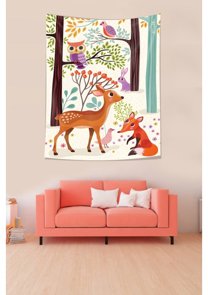 Ormandaki Geyik Baykuş Tavşan Leke Tutmaz Kumaş Duvar Örtüsü Duvar Halısı Tapestry