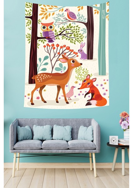Ormandaki Geyik Baykuş Tavşan Leke Tutmaz Kumaş Duvar Örtüsü Duvar Halısı Tapestry modelleri