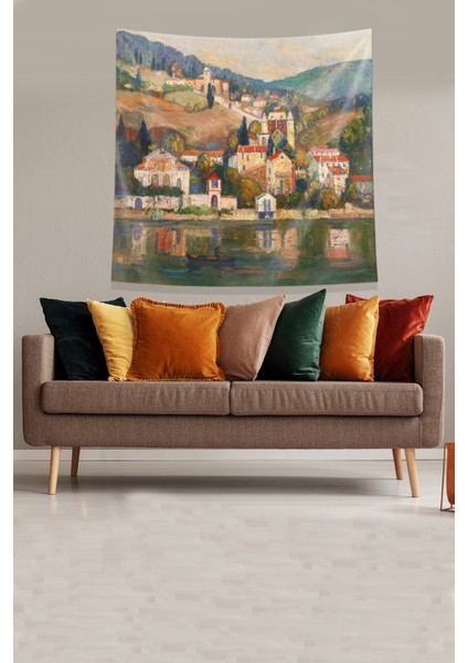 Bej Gölde Kayık Çeken Adam Leke Tutmaz Kadife Kumaş Duvar Örtüsü Duvar Halısı Tapestry