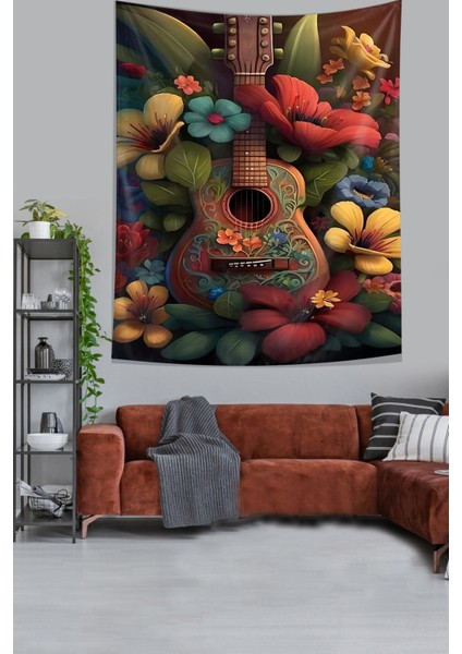 Çiçekler Içerisindeki Gitar Leke Tutmaz Kumaş Duvar Örtüsü Duvar Halısı Tapestry