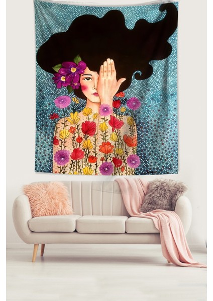 Iskandinav Çiçekli Kız Farkındalık Uyanış Tema Leke Tutmaz Kumaş Duvar Örtüsü Duvar Halısı Tapestry