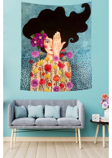 Iskandinav Çiçekli Kız Farkındalık Uyanış Tema Leke Tutmaz Kumaş Duvar Örtüsü Duvar Halısı Tapestry