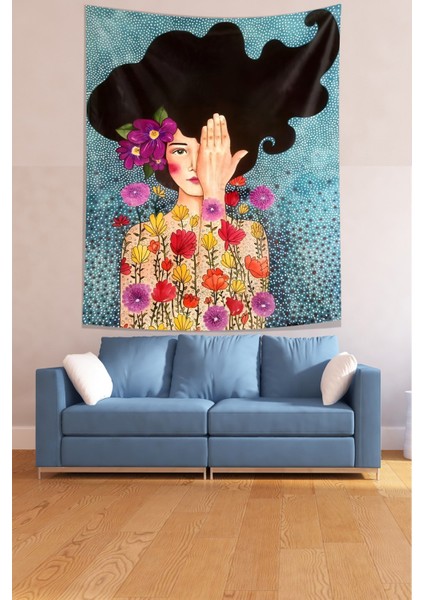 Iskandinav Çiçekli Kız Farkındalık Uyanış Tema Leke Tutmaz Kumaş Duvar Örtüsü Duvar Halısı Tapestry