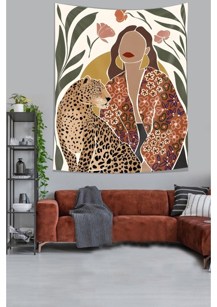 Iskandinav Bohemian Leopar ve Kız Art Çizim Leke Tutmaz Kumaş Duvar Örtüsü Duvar Halısı Tapestry