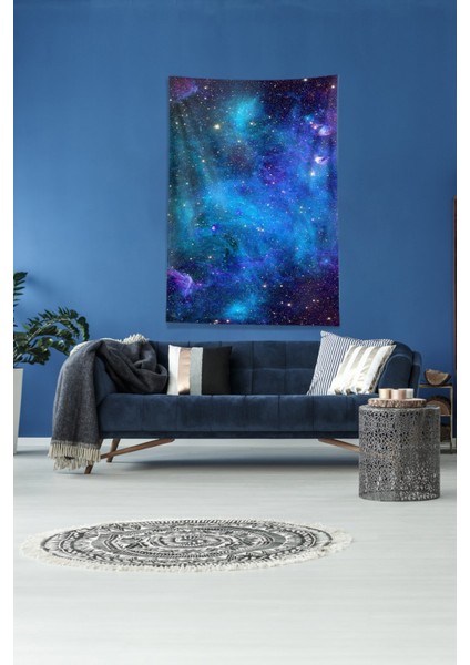 Lacivert Galaksi Desenli Leke Tutmaz Kadife Kumaş Duvar Örtüsü Duvar Halısı Tapestry