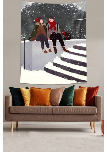 Karda Oturan Çift Leke Tutmaz Kumaş Duvar Örtüsü Duvar Halısı Tapestry