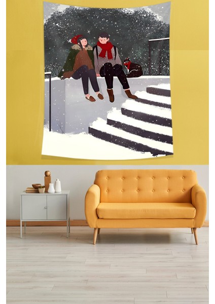 Karda Oturan Çift Leke Tutmaz Kumaş Duvar Örtüsü Duvar Halısı Tapestry fiyatları