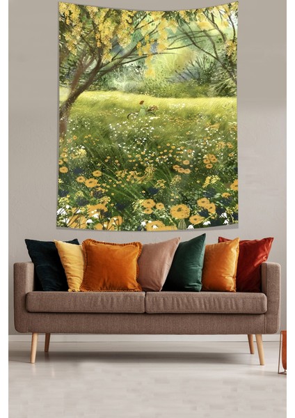 Çiçek Tarlası Içinde Biskiletli Kız Leke Tutmaz Kumaş Duvar Örtüsü Duvar Halısı Tapestry