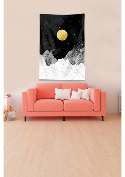 Siyah Dağın Ardındaki Ay Leke Tutmaz Kadife Kumaş Duvar Örtüsü Duvar Halısı Tapestry