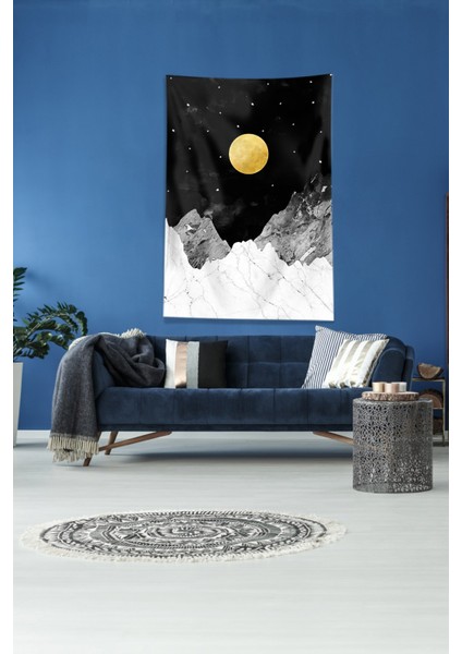 Siyah Dağın Ardındaki Ay Leke Tutmaz Kadife Kumaş Duvar Örtüsü Duvar Halısı Tapestry modelleri