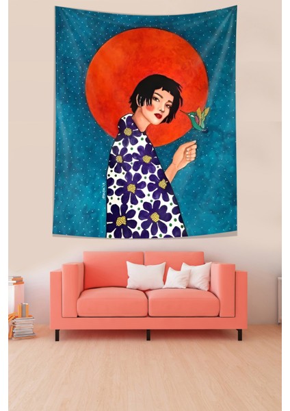 Elinde Kuş Tutan Kız Leke Tutmaz Kumaş Duvar Örtüsü Duvar Halısı Tapestry