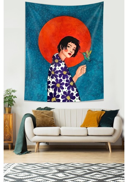 Elinde Kuş Tutan Kız Leke Tutmaz Kumaş Duvar Örtüsü Duvar Halısı Tapestry fiyatları