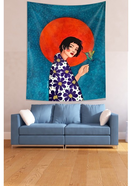 Elinde Kuş Tutan Kız Leke Tutmaz Kumaş Duvar Örtüsü Duvar Halısı Tapestry modelleri