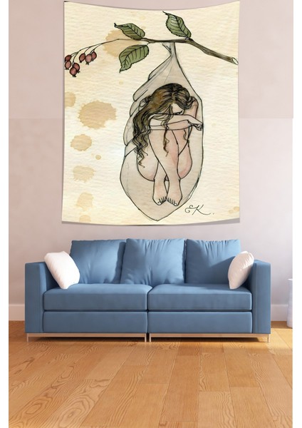Üzgün Kız Temalı Leke Tutmaz Kumaş Duvar Örtüsü Duvar Halısı Tapestry
