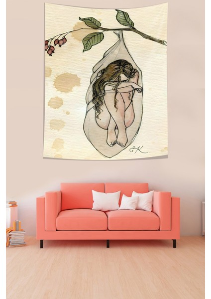 Üzgün Kız Temalı Leke Tutmaz Kumaş Duvar Örtüsü Duvar Halısı Tapestry