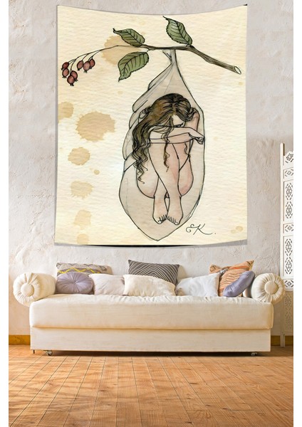 Üzgün Kız Temalı Leke Tutmaz Kumaş Duvar Örtüsü Duvar Halısı Tapestry