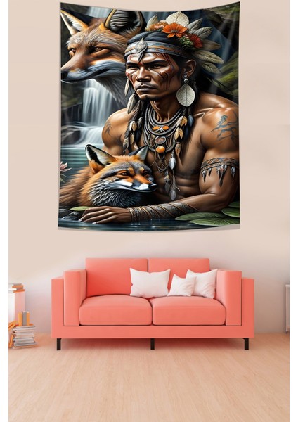 Kızıl Derili Savaşcı Etnik Kıyafet Leke Tutmaz Kumaş Duvar Örtüsü Duvar Halısı Tapestry fiyatları