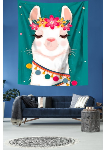 Sevimli Çiçekli Lama Leke Tutmaz Kumaş Duvar Örtüsü Duvar Halısı Tapestry