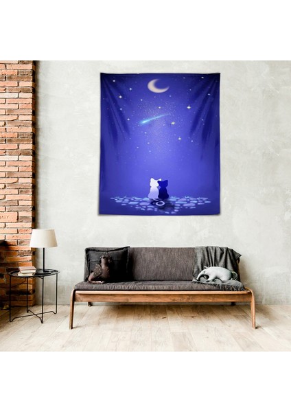 Kedi Ay Desenli Yıkanabilir Leke Tutmaz Mikropetek Kumaş Duvar Örtüsü Duvar Halısı Tapestry fiyatları