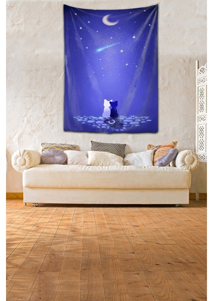 Kedi Ay Desenli Yıkanabilir Leke Tutmaz Mikropetek Kumaş Duvar Örtüsü Duvar Halısı Tapestry modelleri