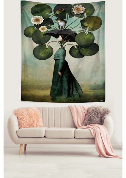 Yapraklı Nilüfer Çiçekleri Leke Tutmaz Kumaş Duvar Örtüsü Duvar Halısı Tapestry