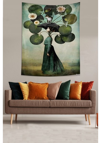 Yapraklı Nilüfer Çiçekleri Leke Tutmaz Kumaş Duvar Örtüsü Duvar Halısı Tapestry fiyatları