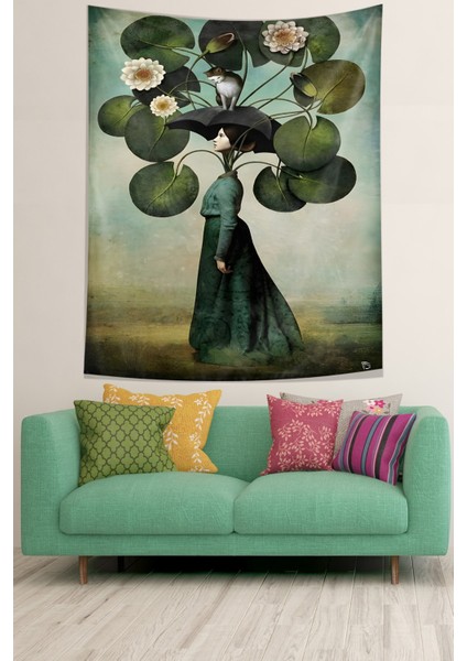 Yapraklı Nilüfer Çiçekleri Leke Tutmaz Kumaş Duvar Örtüsü Duvar Halısı Tapestry modelleri