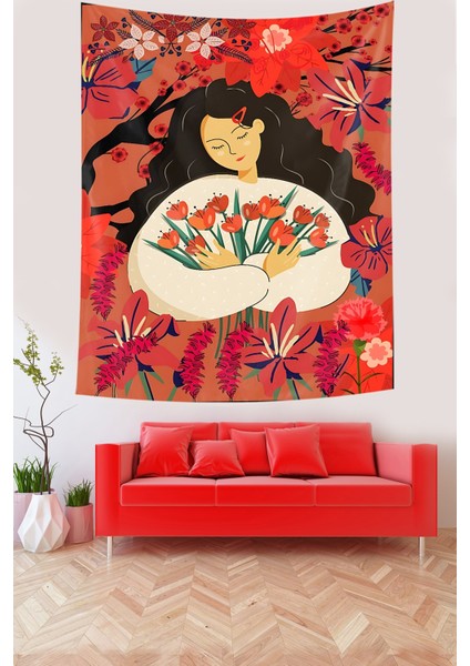 Gelincikler Çiçekler ve Huzurlu Kız Leke Tutmaz Kumaş Duvar Örtüsü Duvar Halısı Tapestry fiyatları